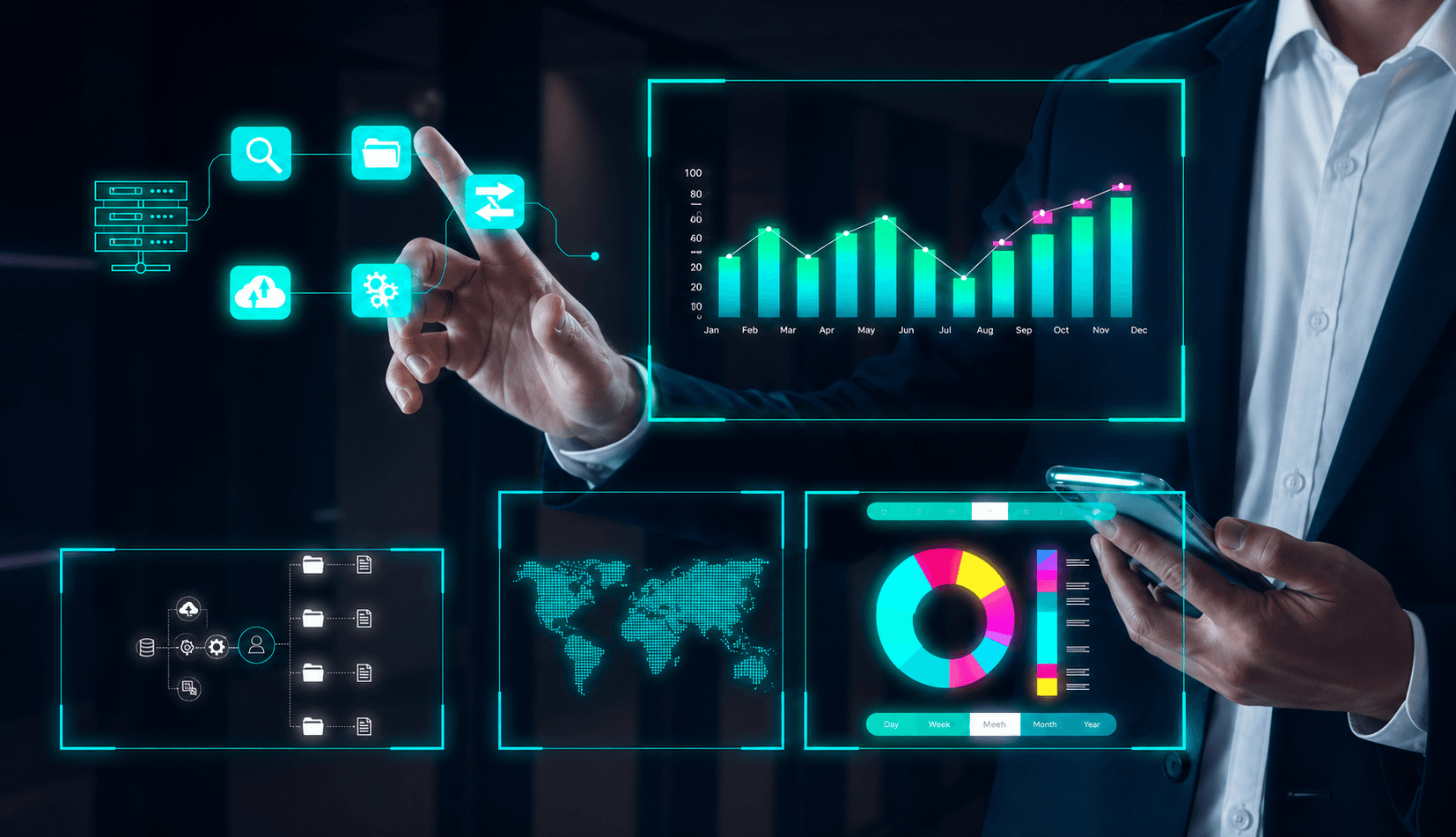 Business analyst reviewing AI-generated data insights and charts on a computer screen