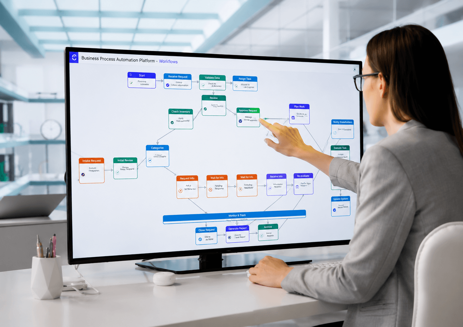 Operations manager reviewing an automated business workflow diagram on a large monitor