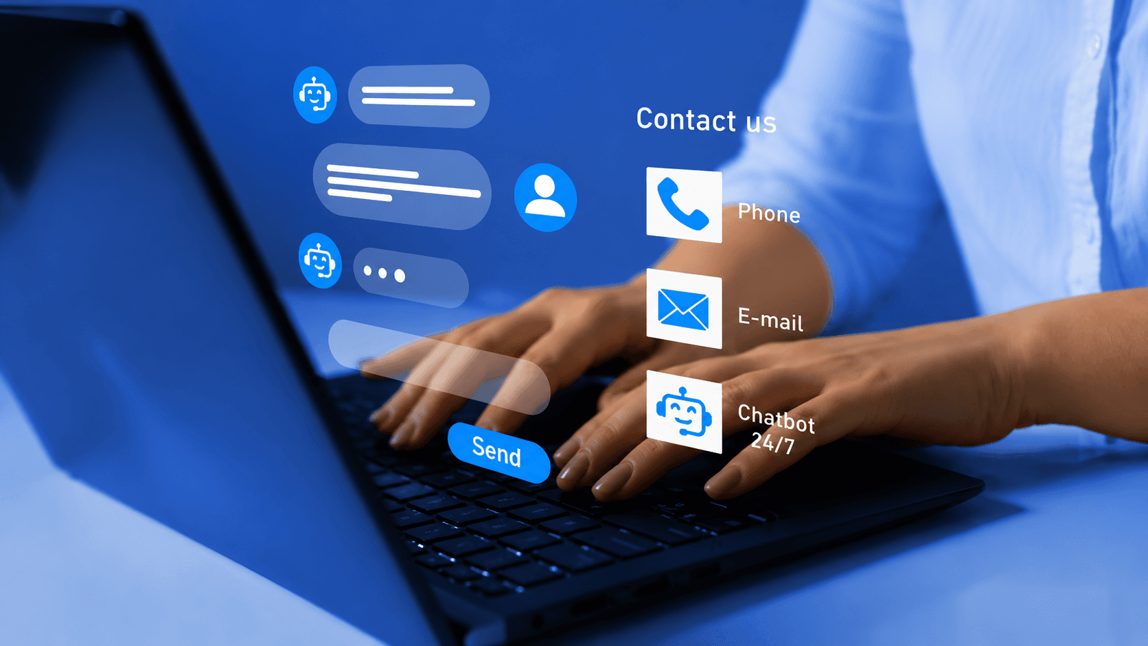 Customer support setup showing both a chatbot widget and live chat agent interface on a screen