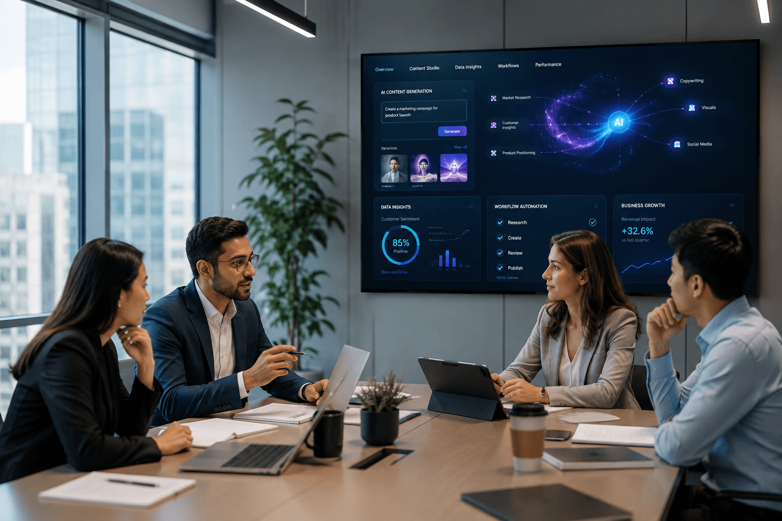 Business team reviewing generative AI generated content and designs on a screen